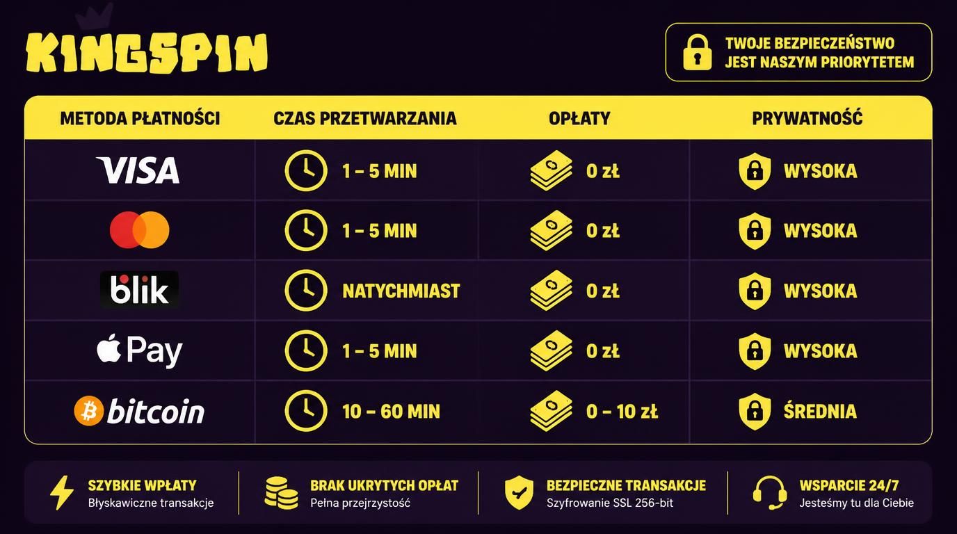 Tabela metod płatności ze wskazaniem czasu i kosztów oraz aspektu prywatności