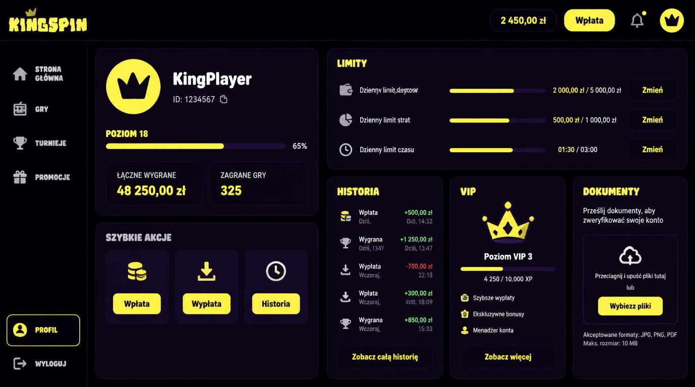 Zarządzanie kontem i status VIP w aplikacji Kingspin