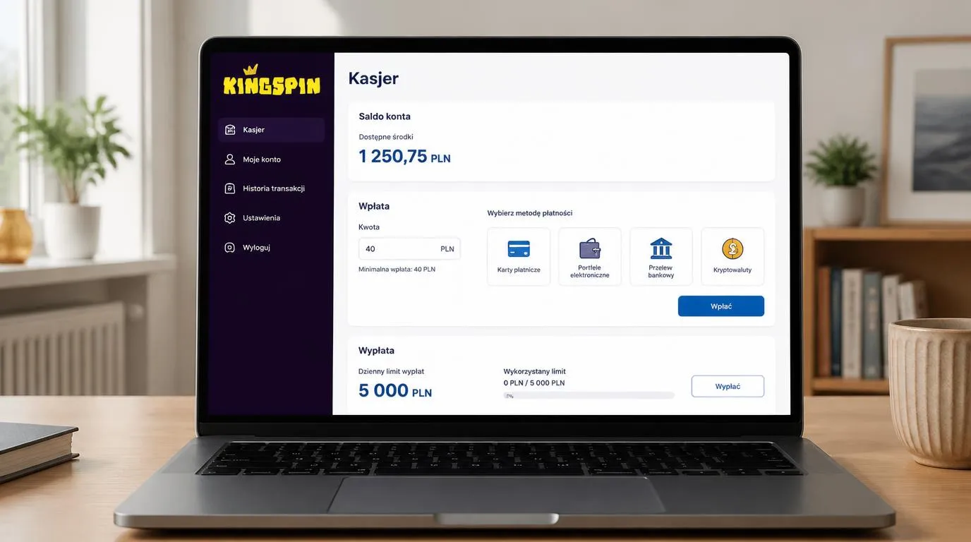 Panel kasy kasyna z wyborem metody płatności, kwotą wpłaty w PLN i informacją o limicie wypłat