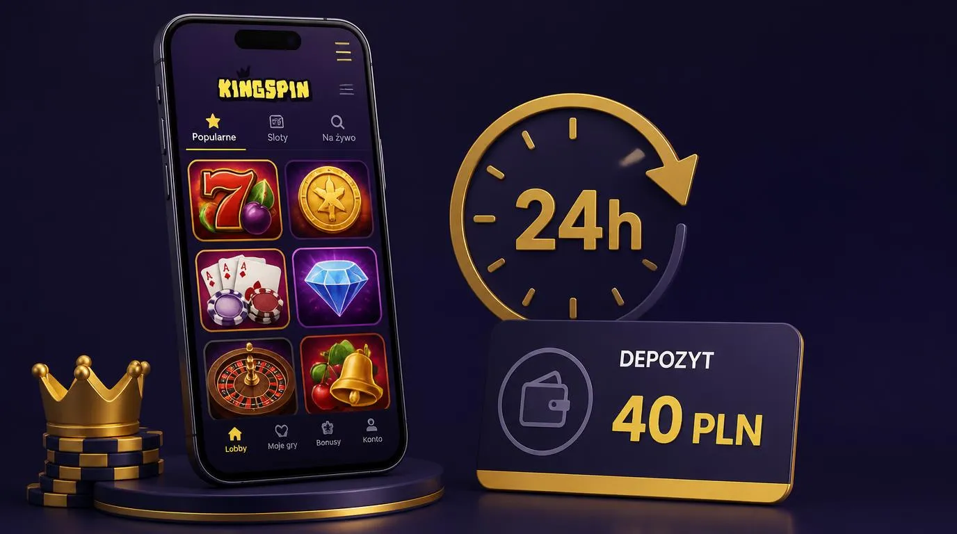 Telefon z widokiem gier kasynowych obok symboli wypłaty do 24 godzin i wpłaty 40 PLN