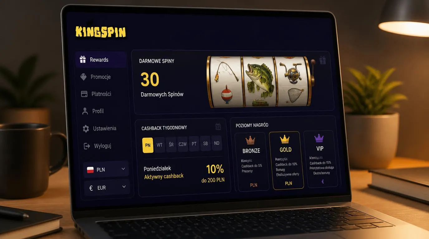 Ekran promocji kasyna z darmowymi spinami, cotygodniowym cashbackiem i poziomami nagród
